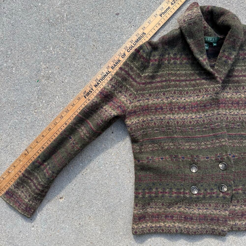Vintage Lauren Ralph Lauren Lambswool Olive Green Fair isle Cardigan Sweater MED - Picture 8 of 8